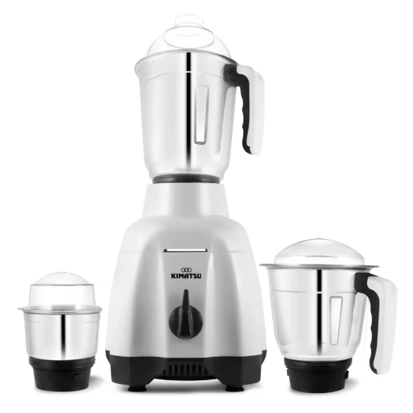 Kimatsu Soffia 650W Mixer-Grinder in white with grinding, mixing, and blending/juicing jars