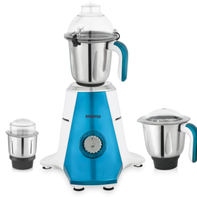 Kimatsu Mixer Grinder - Shuttle model with three stainless steel jars (liquid, dry, and chutney) and a blue ABS plastic body, displayed alongside product features.