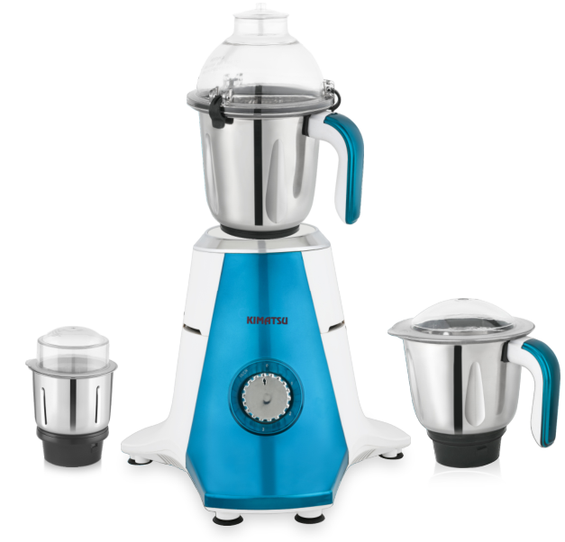Kimatsu Mixer Grinder - Shuttle model with three stainless steel jars (liquid, dry, and chutney) and a blue ABS plastic body, displayed alongside product features.