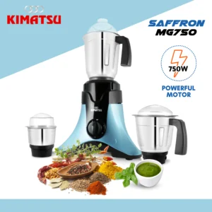 Side view of mixer grinder in use, grinding ingredients with its 750-watt motor.