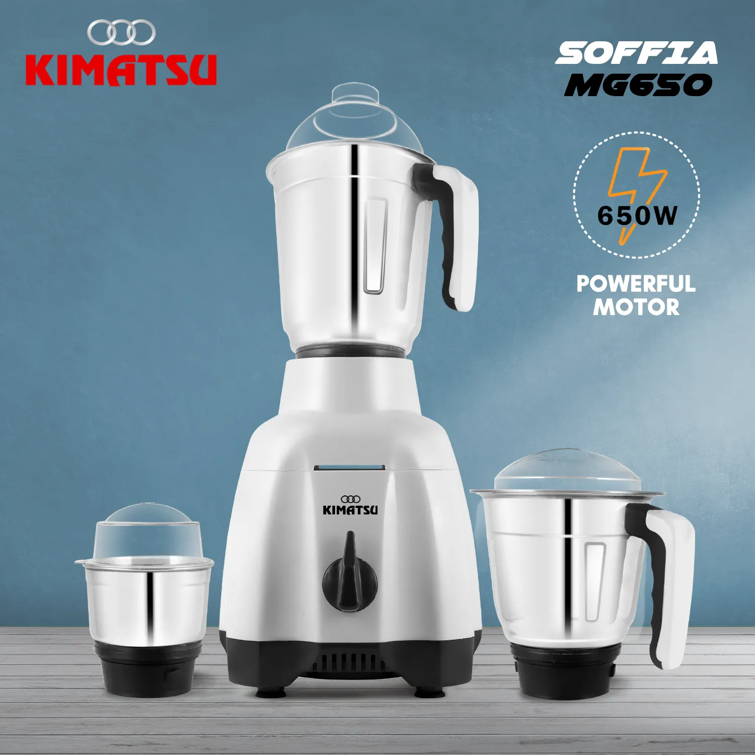 Kimatsu Soffia 650W Mixer-Grinder in white with grinding, mixing, and blending/juicing jars arranged