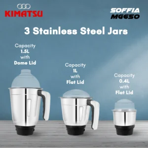 Three jars of Kimatsu Soffia Mixer-Grinder: 1200ml liquid jar, 1000ml dry jar, 400ml chutney jar
