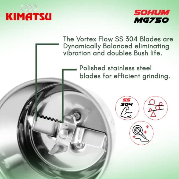Dynamically balanced stainless steel multipurpose blades of Kimatsu Sohum 750 Mixer-Grinder