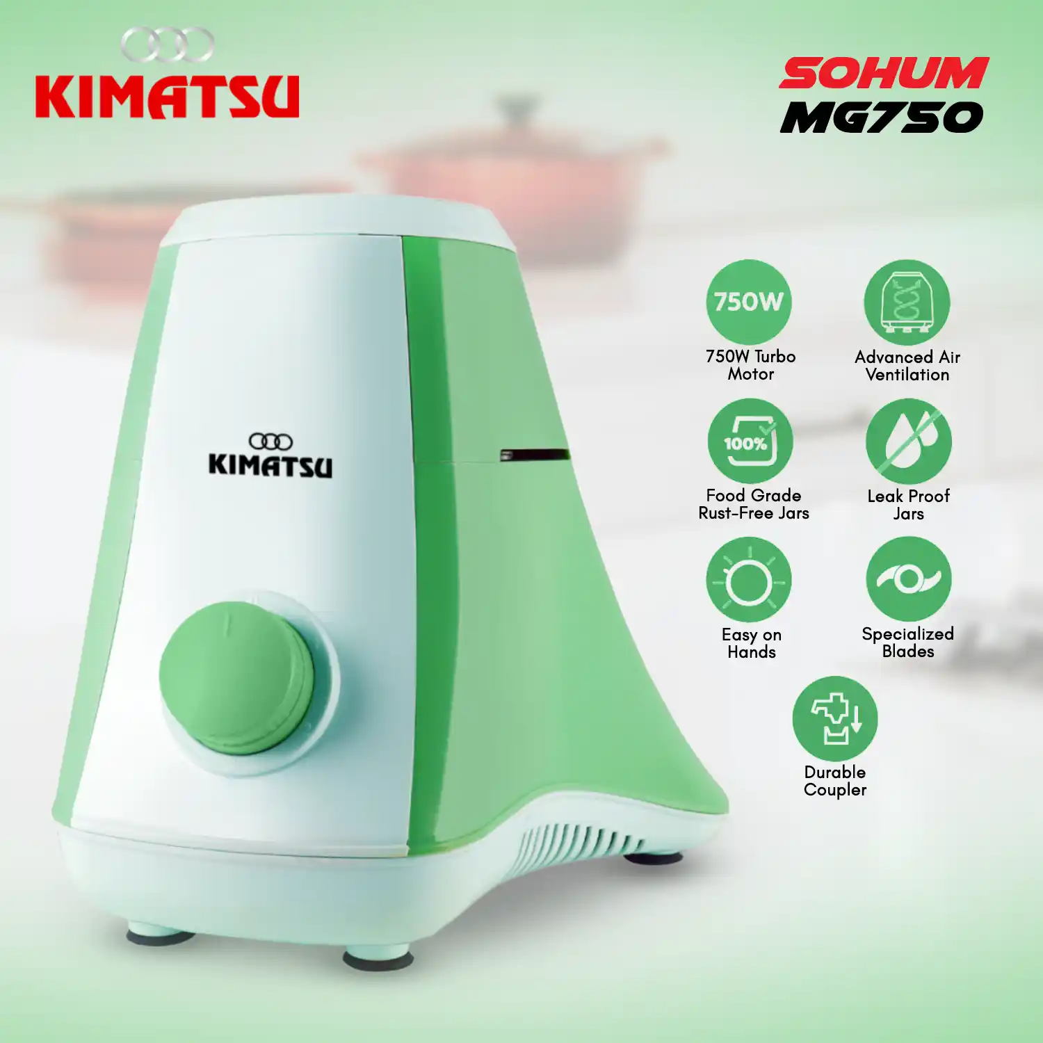 Kimatsu Sohum 750 Mixer-Grinder body in pista green with ergonomic handles and control panel