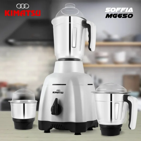 Kimatsu Soffia 650W Mixer-Grinder in white with grinding, mixing, and blending/juicing jars