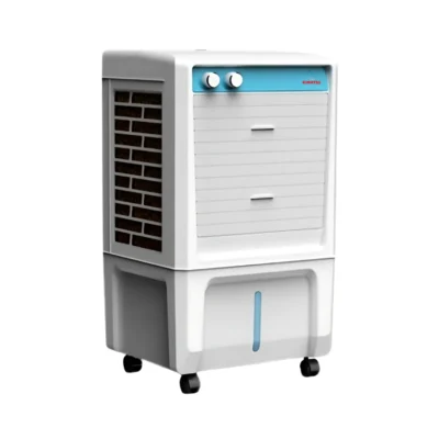 Kimatsu Amber Air Cooler in white and blue, with large front grill, control knobs, and castor wheels for mobility.