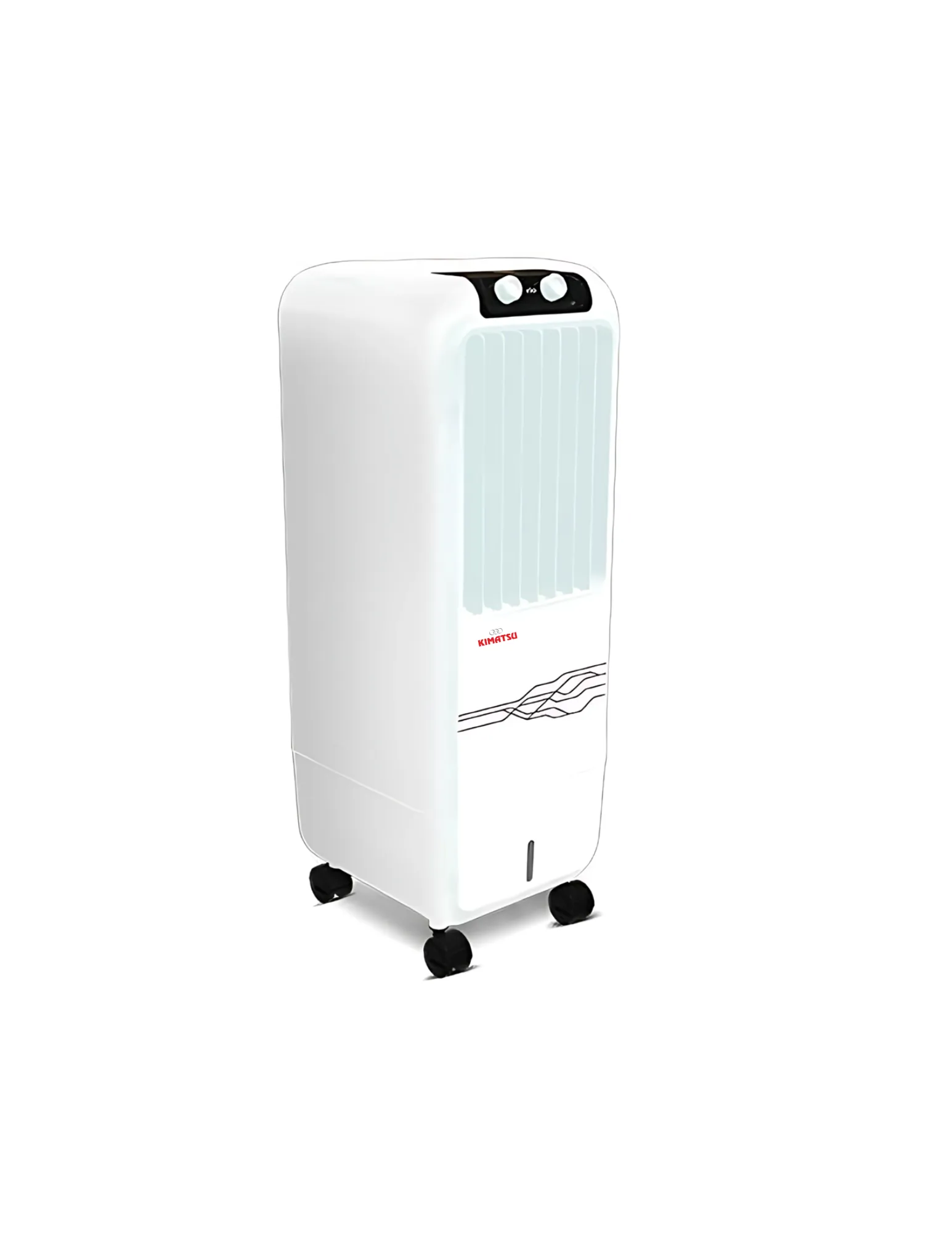 Breeze Chill BC-15 personal air cooler in white, with vertical grill, control knobs on top, and four castor wheels.