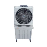Kimatsu Climatizer DC 140 air cooler in white, with a large circular front grill, control knobs on top, and sturdy wheels for mobility.