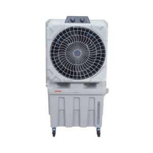 Kimatsu Climatizer DC 140 air cooler in white, with a large circular front grill, control knobs on top, and sturdy wheels for mobility.