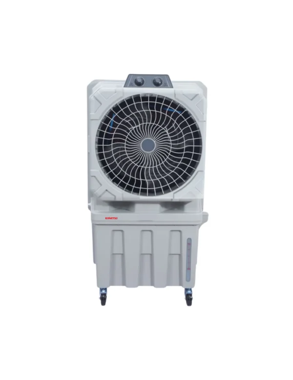 Kimatsu Climatizer DC 140 air cooler in white, with a large circular front grill, control knobs on top, and sturdy wheels for mobility.