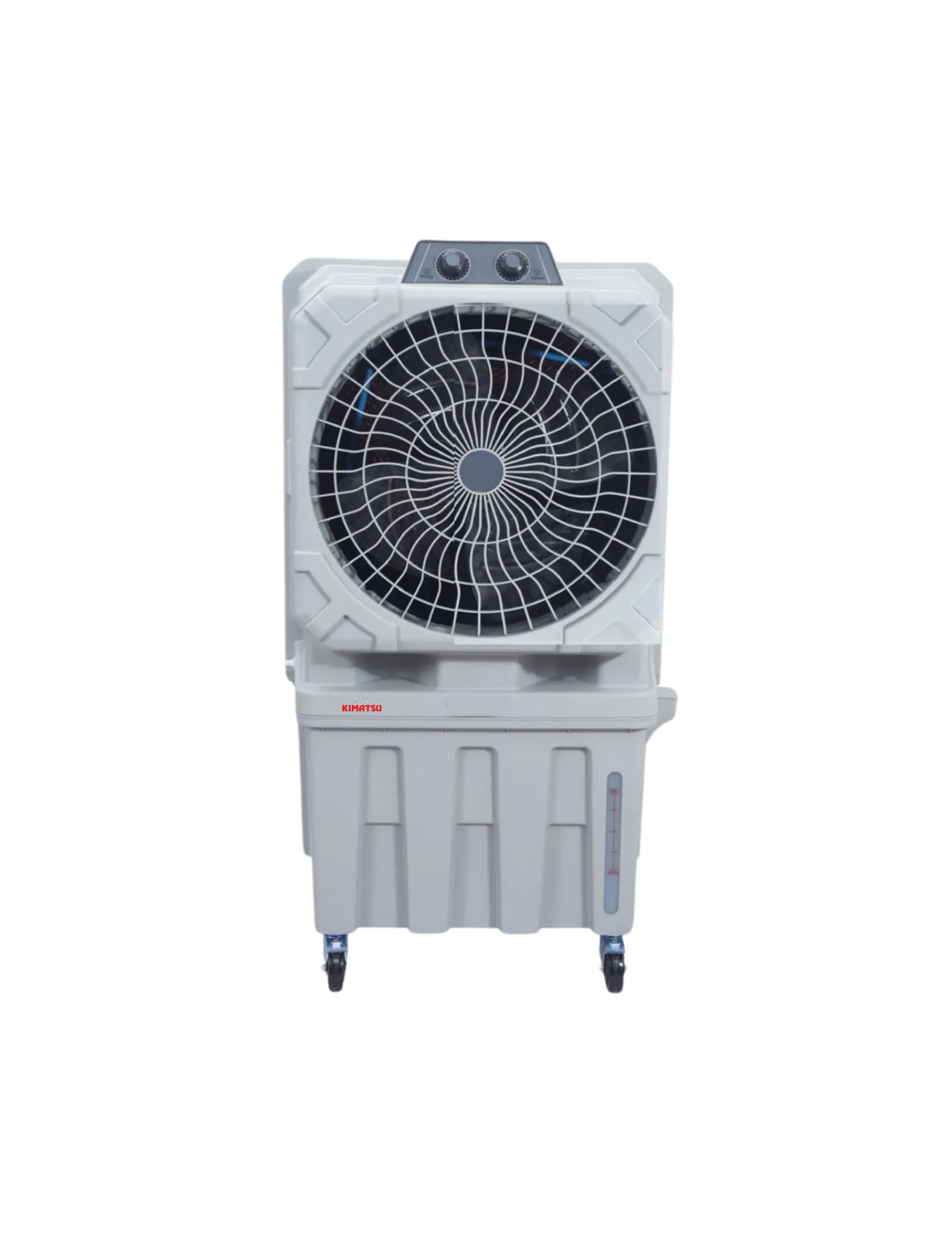 Kimatsu Climatizer DC 140 air cooler in white, with a large circular front grill, control knobs on top, and sturdy wheels for mobility.