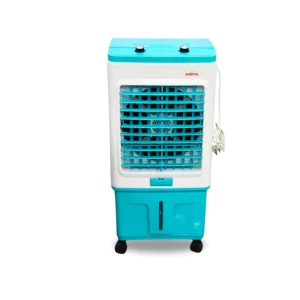 Kimatsu Crusher 45L air cooler in white and blue, with a large front grill, dual control knobs, and compact wheels for easy mobility.