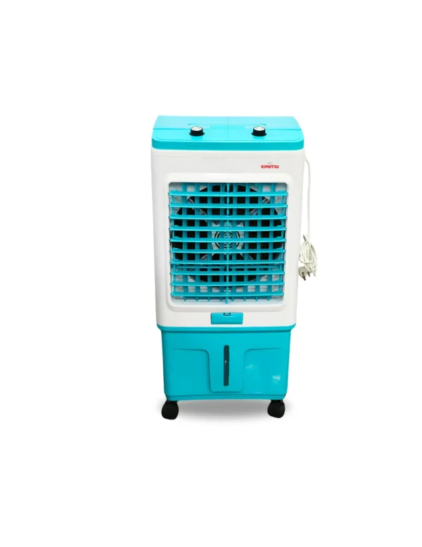 Kimatsu Crusher 45L air cooler in white and blue, with a large front grill, dual control knobs, and compact wheels for easy mobility.