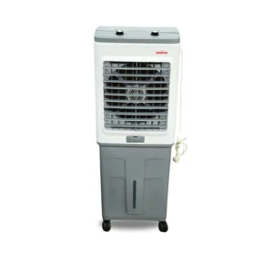 Kimatsu Crusher 75L air cooler in white and grey, featuring a large front grill, dual control knobs, and compact wheels for easy mobility.
