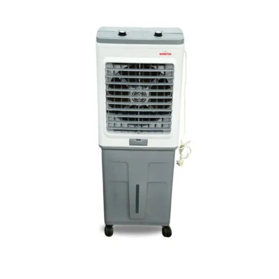 Kimatsu Crusher 75L air cooler in white and grey, featuring a large front grill, dual control knobs, and compact wheels for easy mobility.