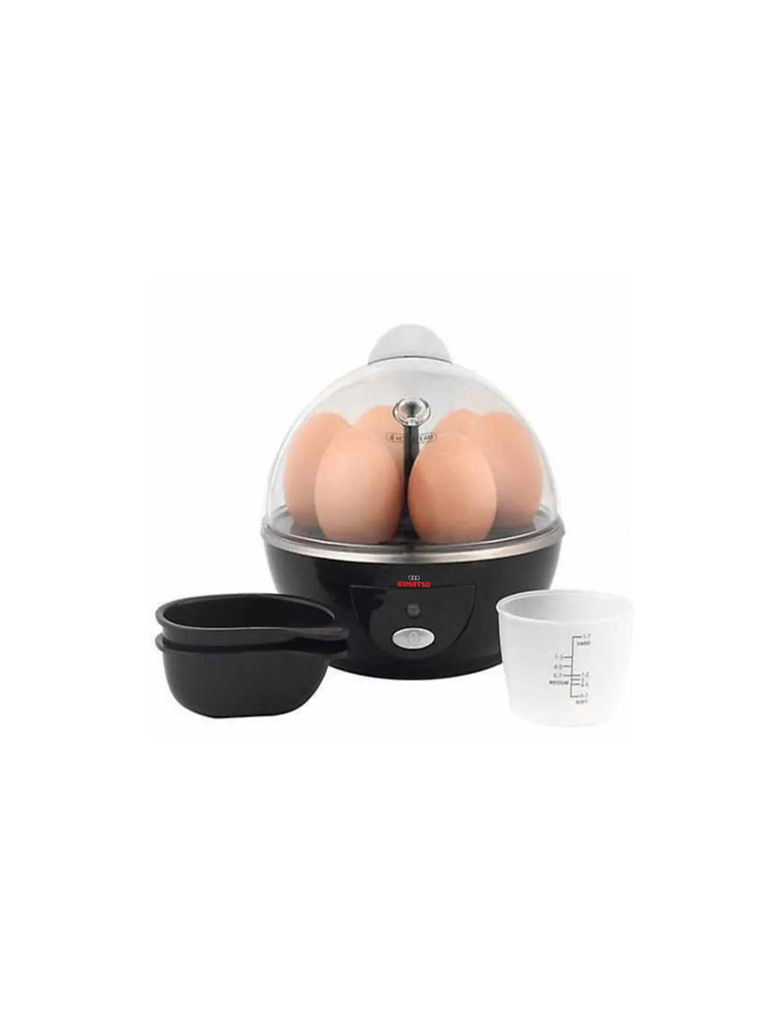 Kimatsu Egg Cooker with transparent dome, holding six eggs, accompanied by a measuring cup and steaming tray, in a modern multi-colour design.