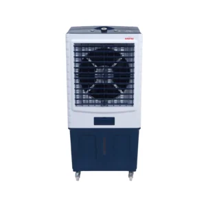 Kimatsu Elegant 100L air cooler in white and blue, with a large front grill, dual control knobs, and compact wheels for easy mobility.