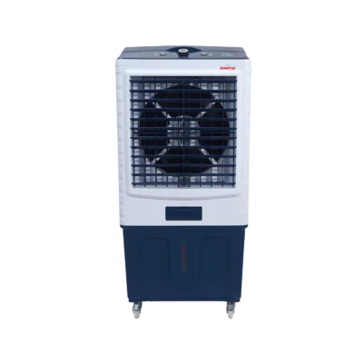 Kimatsu Elegant 100L air cooler in white and blue, with a large front grill, dual control knobs, and compact wheels for easy mobility.