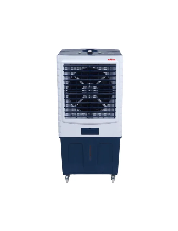 Kimatsu Elegant 100L air cooler in white and blue, with a large front grill, dual control knobs, and compact wheels for easy mobility.