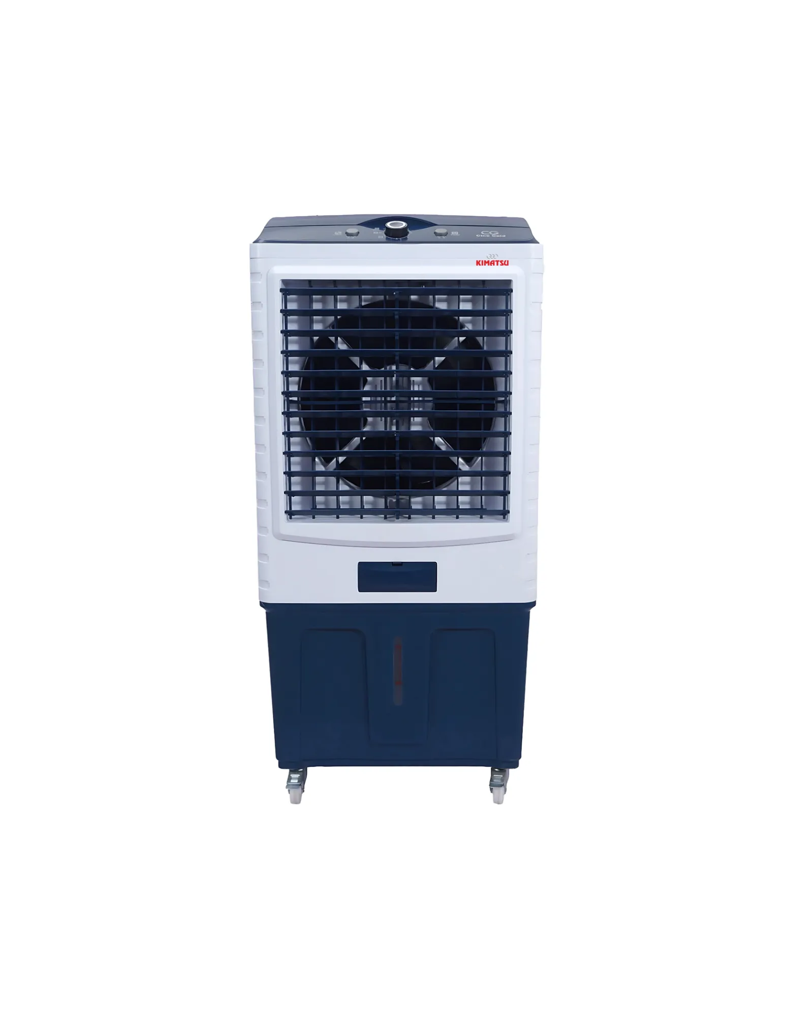 Kimatsu Elegant 100L air cooler in white and blue, with a large front grill, dual control knobs, and compact wheels for easy mobility.