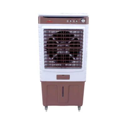 Kimatsu Elegant GT 100L air cooler in white and blue, with a large front grill, dual control knobs, and compact wheels for easy mobility.