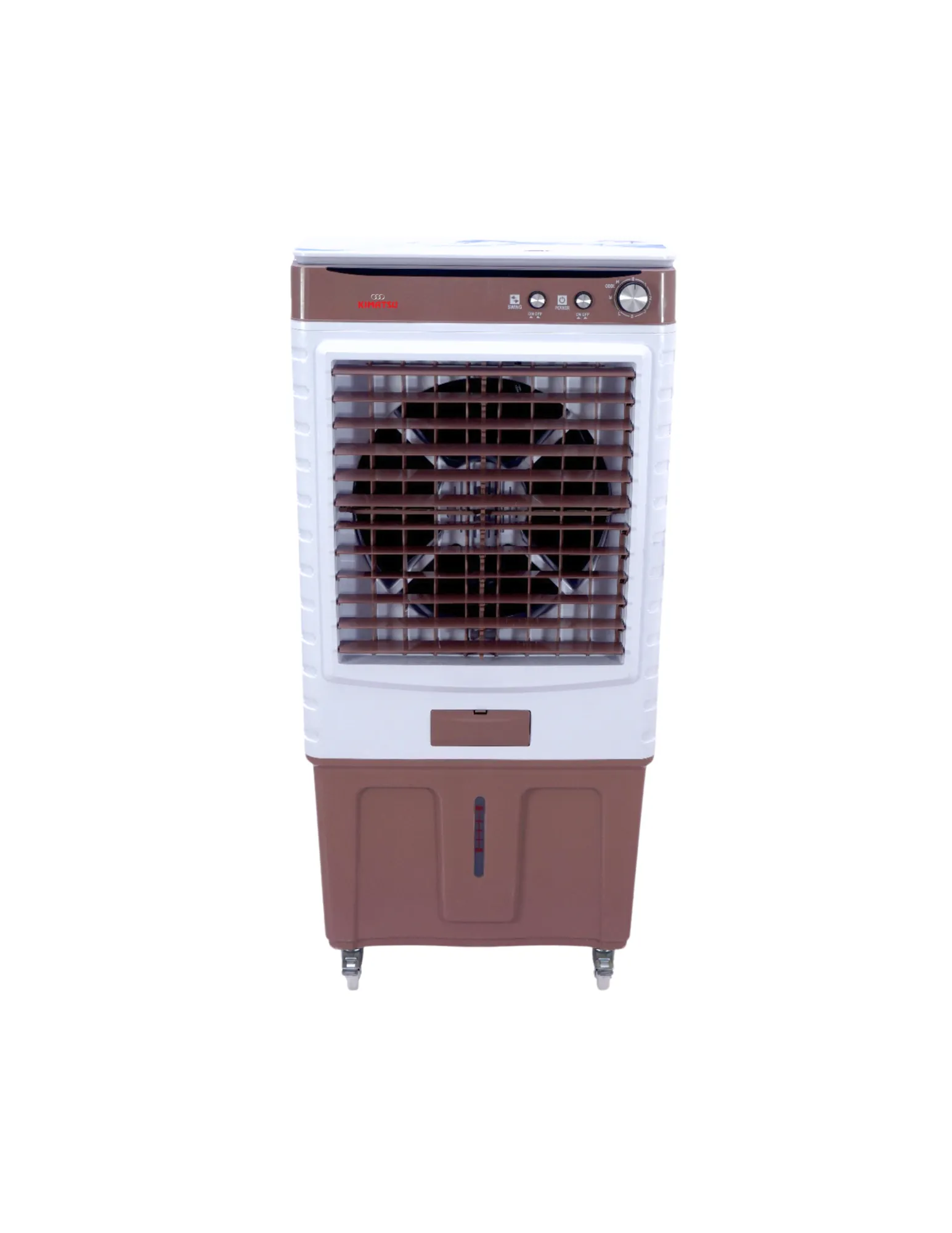 Kimatsu Elegant GT 100L air cooler in white and blue, with a large front grill, dual control knobs, and compact wheels for easy mobility.