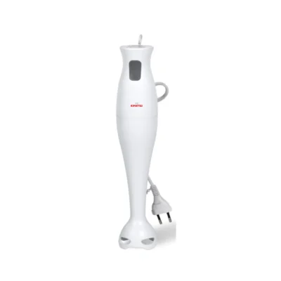 Kimatsu Hand Blender in white, with a detachable stainless steel foot and ergonomic handle, displayed upright with its power cord.