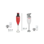 Kimatsu Hand Blender in red and white, with stainless steel detachable foot, blending attachments, and measuring cups.