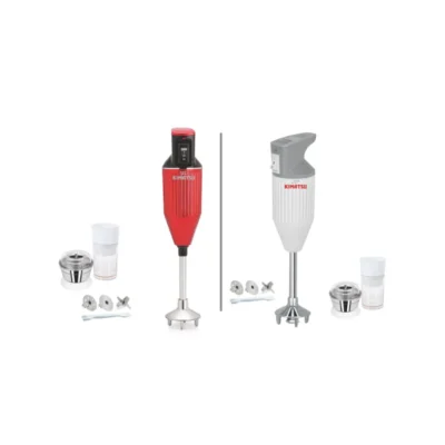 Kimatsu Hand Blender in red and white, with stainless steel detachable foot, blending attachments, and measuring cups.