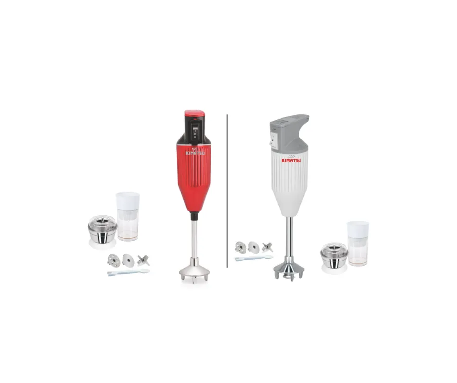 Kimatsu Hand Blender in red and white, with stainless steel detachable foot, blending attachments, and measuring cups.