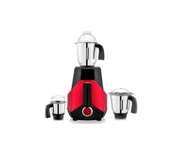 Kimatsu Mixer Grinder - Ironman in red and black with three stainless steel jars (liquid, dry, chutney) and ergonomic handles.