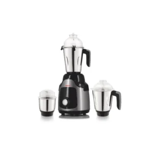 Kimatsu Mixer Grinder MaxiBlend with three stainless steel jars for liquid, dry, and chutney grinding, featuring a black and silver compact body.