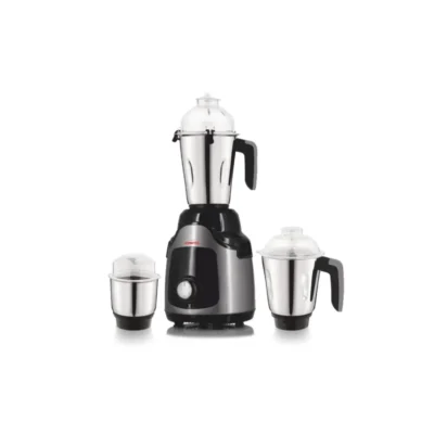 Kimatsu Mixer Grinder MaxiBlend with three stainless steel jars for liquid, dry, and chutney grinding, featuring a black and silver compact body.