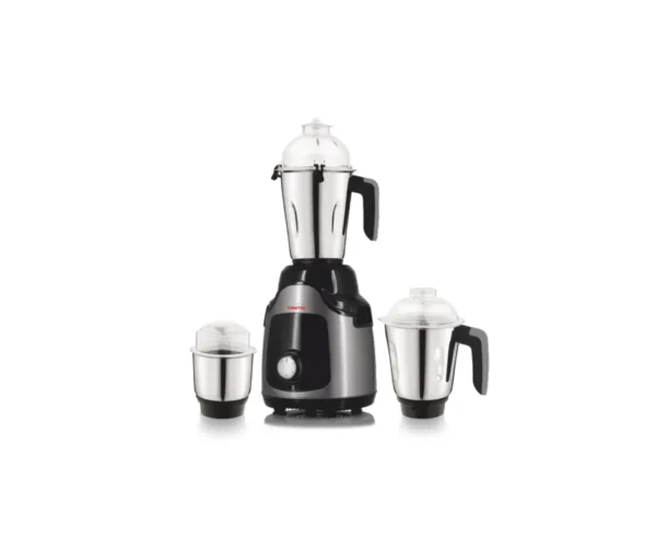 Kimatsu Mixer Grinder - MaxiBlend | Powerful 650 W Motor | 3 Jars Kimatsu Mixer Grinder MaxiBlend with three stainless steel jars for liquid, dry, and chutney grinding, featuring a black and silver compact body.