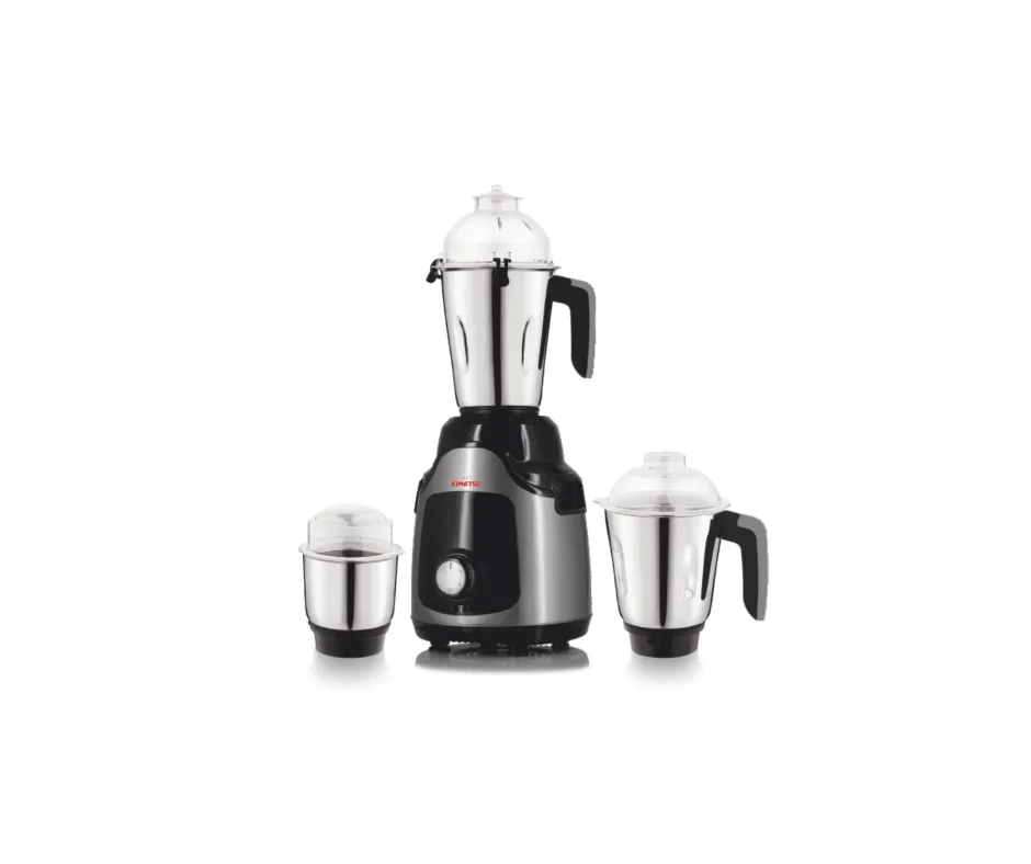 Kimatsu Mixer Grinder MaxiBlend with three stainless steel jars for liquid, dry, and chutney grinding, featuring a black and silver compact body.