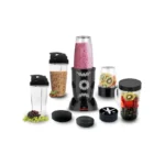Kimatsu Blender - NutriMix with multiple jars and lids, blending smoothies and grinding ingredients, displayed in black with fruit and spice contents.