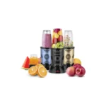 Kimatsu Blender - NutriMix with multiple jars and lids, blending smoothies and grinding ingredients, in black with fruit and spice contents.