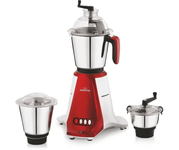 Kimatsu Mixer Grinder - Shuttle Plus | 950W | 3 Jars Kimatsu Mixer Grinder - Shuttle Plus with three stainless steel jars (liquid, dry, chutney) in red and white, compact design, and sturdy handles.