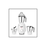 Kimatsu Mixer Grinder - Power Mix in white, with three stainless steel jars (liquid, dry, chutney) and ergonomic handles.
