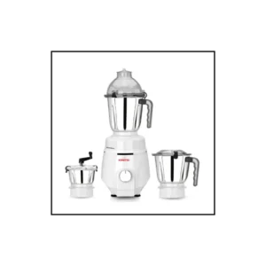 Kimatsu Mixer Grinder - Power Mix in white, with three stainless steel jars (liquid, dry, chutney) and ergonomic handles.