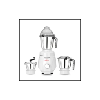 Kimatsu Mixer Grinder - Power Mix in white, with three stainless steel jars (liquid, dry, chutney) and ergonomic handles.