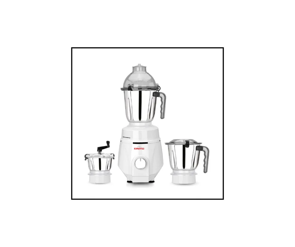 Kimatsu Mixer Grinder - Power Mix in white, with three stainless steel jars (liquid, dry, chutney) and ergonomic handles.