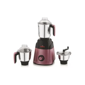 Kimatsu Mixer Grinder - Pro Grind with three stainless steel jars (liquid, dry, chutney) and a sleek maroon and black compact body.