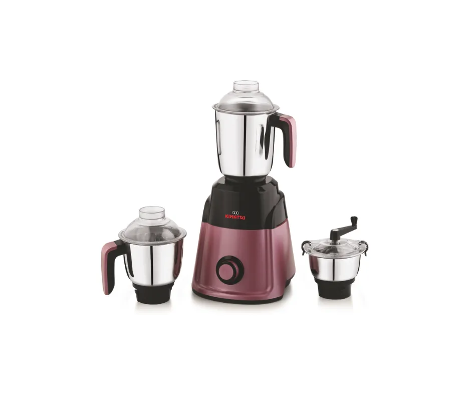 Kimatsu Mixer Grinder - Pro Grind with three stainless steel jars (liquid, dry, chutney) and a sleek maroon and black compact body.