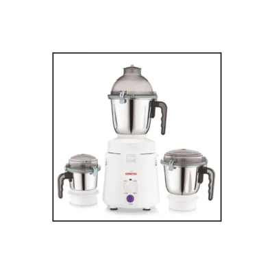 Kimatsu Mixer Grinder - Super Grind in white with three stainless steel jars (liquid, dry, chutney) and black handles, displayed on a red background.