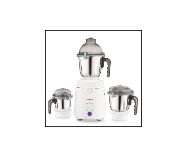 Kimatsu Mixer Grinder - Super Grind in white with three stainless steel jars (liquid, dry, chutney) and black handles, displayed on a red background.