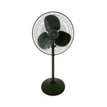 TPW FF-16 pedestal fan in dark green with a 16-inch blade, metal grill, adjustable height stand, and round base.