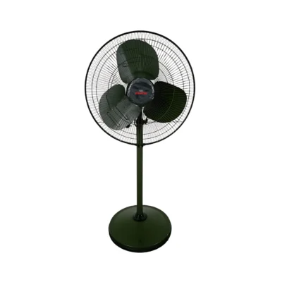 TPW FF-16 pedestal fan in dark green with a 16-inch blade, metal grill, adjustable height stand, and round base.