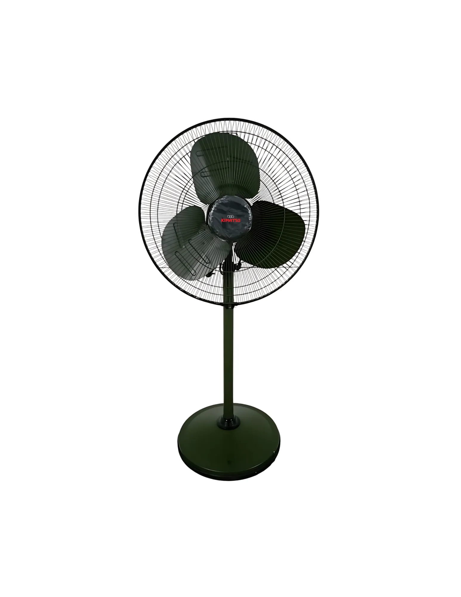 TPW FF-16 pedestal fan in dark green with a 16-inch blade, metal grill, adjustable height stand, and round base.