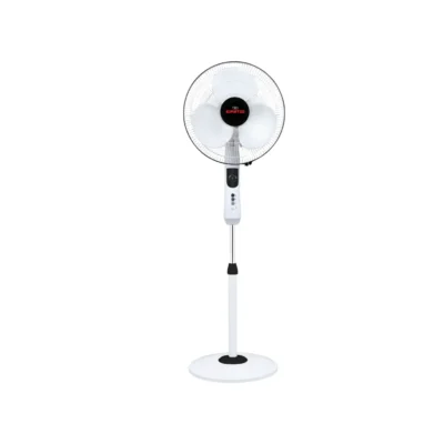 TPW PF-16 pedestal fan in white with a large 16-inch blade, metal grill, adjustable height stand, and round base.